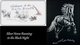 Thumbnail image from YouTube channel showing Daily Doodle logo and drawing of a silver horse on black